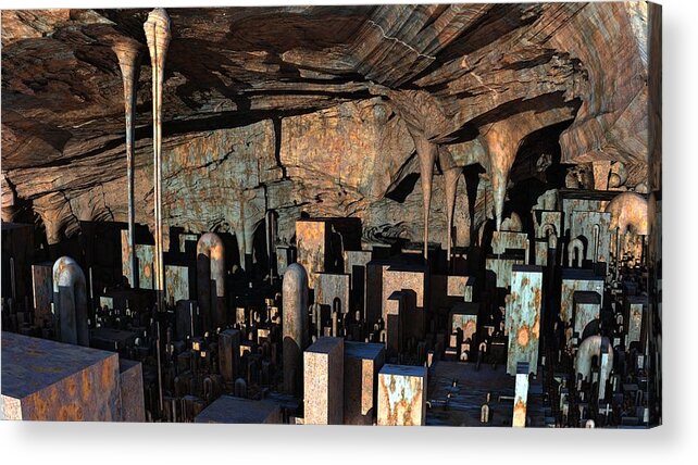 City Scape Acrylic Print featuring the digital art City In A Cavern by Hal Tenny