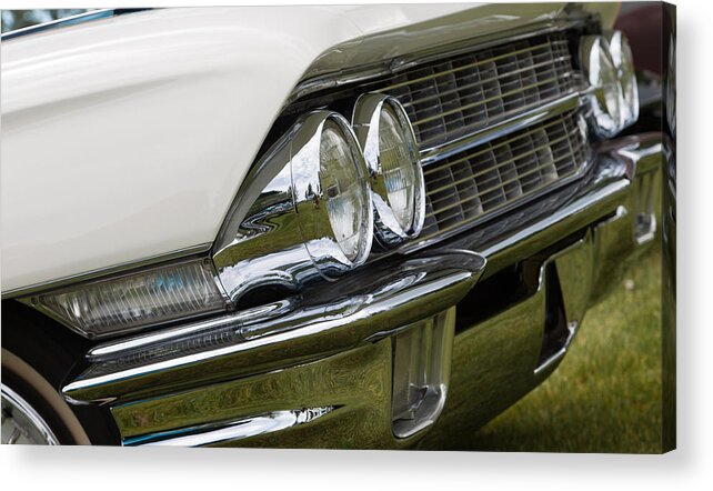 Custom Car Show Shine Classic Ford Blue Granum Alberta Canada Chrome Bumper Fender Detail American Automobile Antique Auto Acrylic Print featuring the photograph Classic car front wing and lights by Mick Flynn