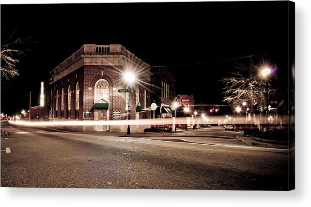 #greer #midnight #south Carolina #cityscape #downtown #nightscape Acrylic Print featuring the photograph Downtown Alive by Josh Blaha