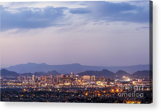 Downtown Acrylic Print featuring the photograph Downtown Phoenix Arizona dusk panorama by Ken Brown