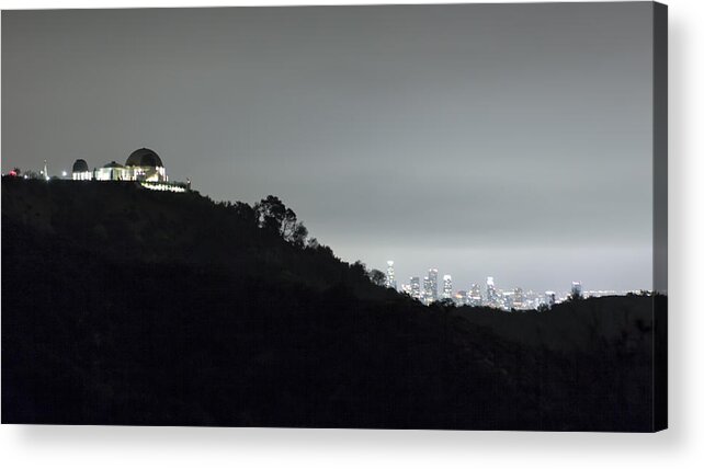Griffith Park Observatory Acrylic Print featuring the photograph Griffith Park Observatory and Los Angeles Skyline at Night by Belinda Greb