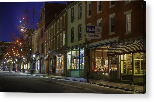 Bath Maine Front Street Main Street Holiday Christmas Night Acrylic Print featuring the photograph Holiday Front by David Hufstader