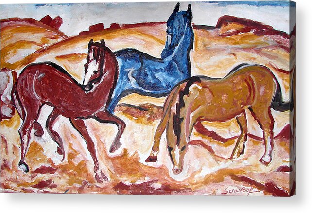 Paintings In Acrylics And Oils On --- Indian Saints Acrylic Print featuring the painting Horses 3 by Anand Swaroop Manchiraju
