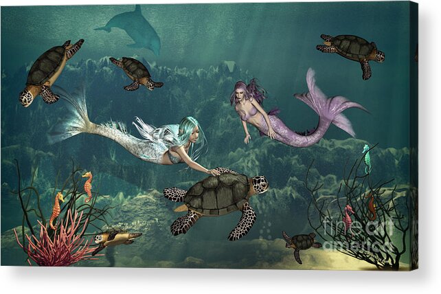 Mermaids At Turtle Springs Acrylic Print featuring the painting Mermaids At Turtle Springs by Two Hivelys