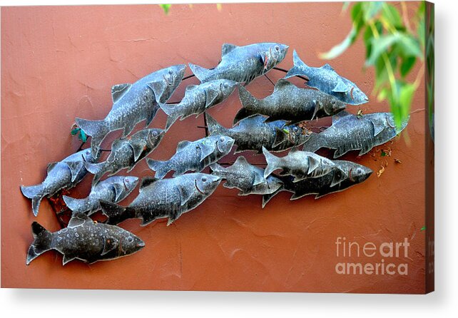 Animal Acrylic Print featuring the photograph Metal Fish Sculpture On Terra Cotta Garden Wall by Jay Milo