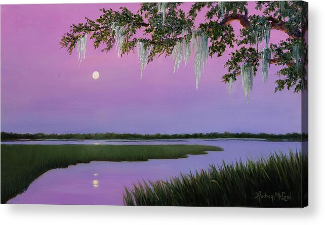 Coastal Early Moon Rising Acrylic Print featuring the painting Moonlit by Audrey McLeod