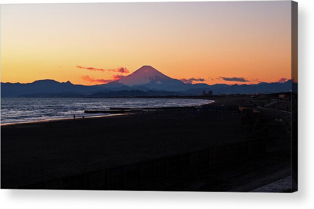 Water's Edge Acrylic Print featuring the photograph Mt. Fuji. View From Katase Beach by Vincent Van Den Storme