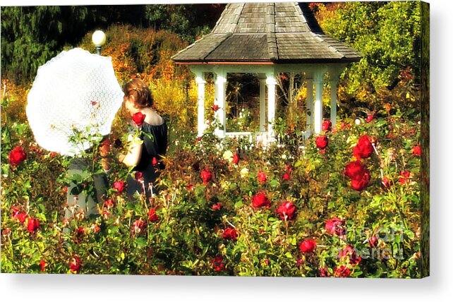  Ladies In Rose Garden Acrylic Print featuring the photograph Parasol in Rose Garden by Mindy Bench