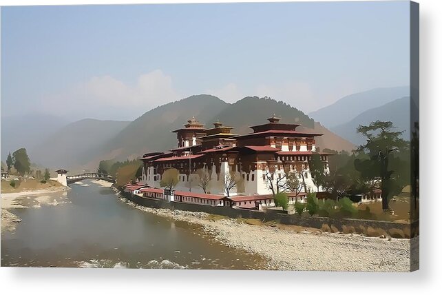Punakha Dzong Fortress Acrylic Print featuring the digital art Punakha Dzong Bhutan by Maciek Froncisz