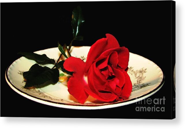 Red Rose Acrylic Print featuring the photograph Red Rose on Antique Saucer with Oil Painting Effect by Rose Santuci-Sofranko