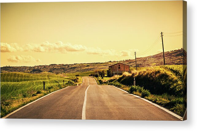 Curve Acrylic Print featuring the photograph Road Through The Fields by Deimagine