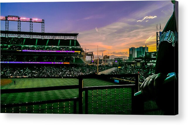 Baseball Acrylic Print featuring the photograph Rockies game at sunset by Stacy Abbott