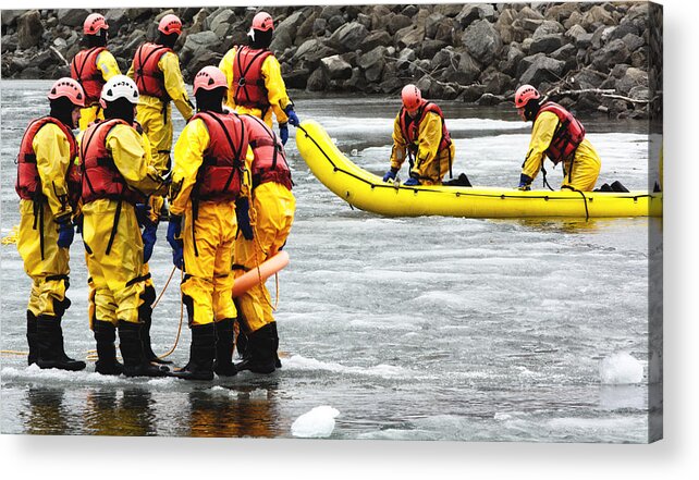  Sport Ice Training Safety Winter Skate Equipment Helmet Athletic Fun Uniform Competition Protection Active Team Leisure Lifestyle Security Background Man White Isolated Firemen Raft Dinghy Inflatable Vest Equipment Water Yellow Red Flow James Canning Fine Art Simcoe Ontario Trainee Frozen Acrylic Print featuring the photograph Safety Training by James Canning