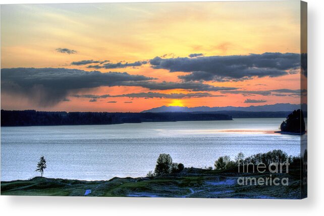 Hdr Acrylic Print featuring the photograph Showers Over McNeil Island - Chambers Bay Golf Course by Chris Anderson