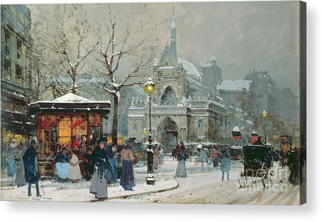 Gas Light Acrylic Print featuring the painting Snow Scene in Paris by Eugene Galien-Laloue