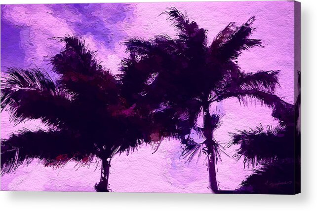 Anthony Fishburne Acrylic Print featuring the digital art Sunset purple palm tree by Anthony Fishburne