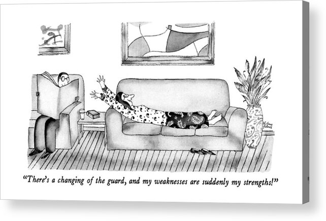 

 Woman Lying On Couch To Man. 
Women Acrylic Print featuring the drawing There's A Changing Of The Guard by Victoria Roberts