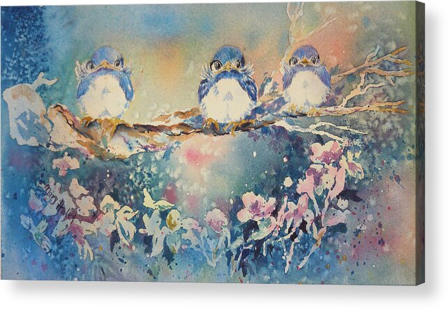 Blue Acrylic Print featuring the painting Three Blue Birds by Mary Haley-Rocks