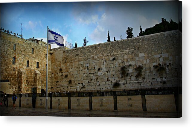 Jerusalem Acrylic Print featuring the photograph Western Wall and Israeli Flag by Stephen Stookey