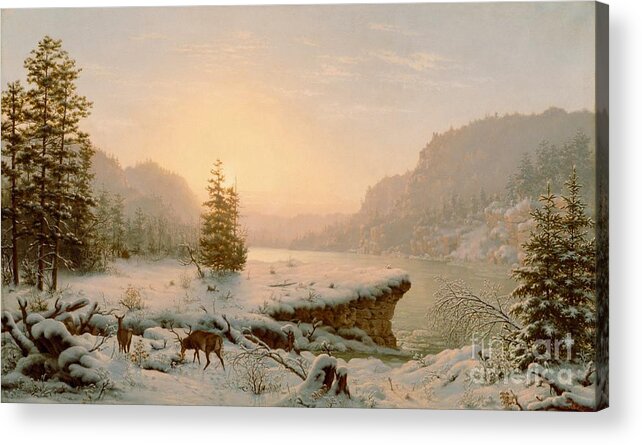 Scene; Remote; American; Landscape; Countryside; Rural; Wilderness; Deer; Animal; Animals; Nature; Snow; Snow-covered; Fir-tree; Fir; Tree; Trees; Firs; Lake; River; Dawn; Dusk; Morning; Evening; Sunrise; Sunset; Atmospheric; Beauty; Beautiful; Spectacular; Majestic; Buck Acrylic Print featuring the painting Winter Landscape by Mortimer L Smith