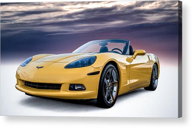 Yellow Acrylic Print featuring the digital art Yellow Corvette Convertible by Douglas Pittman