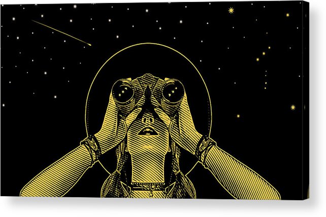Astrophysics Acrylic Print featuring the drawing Young hipster woman with binoculars and stars by GeorgePeters