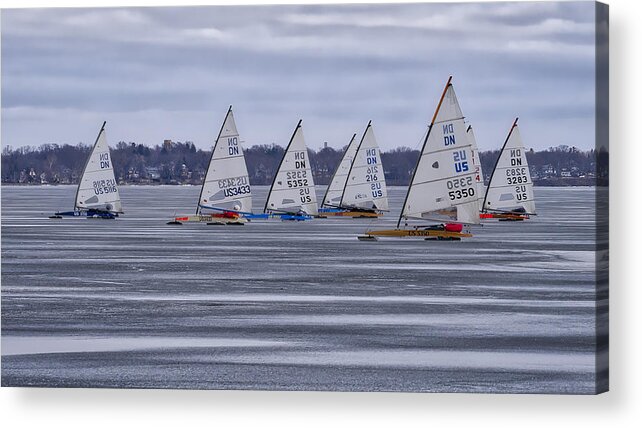 Ice Boats Acrylic Print featuring the photograph ice sailing - Madison - Wisconsin by Steven Ralser