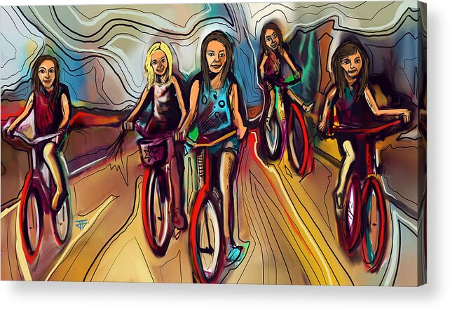  Acrylic Print featuring the painting 5 Bike Girls by John Gholson