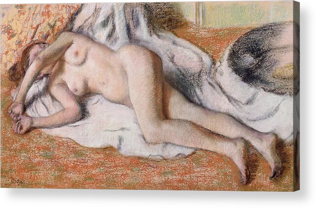 Edgar Degas Acrylic Print featuring the drawing After the Bath or Reclining Nude by Edgar Degas
