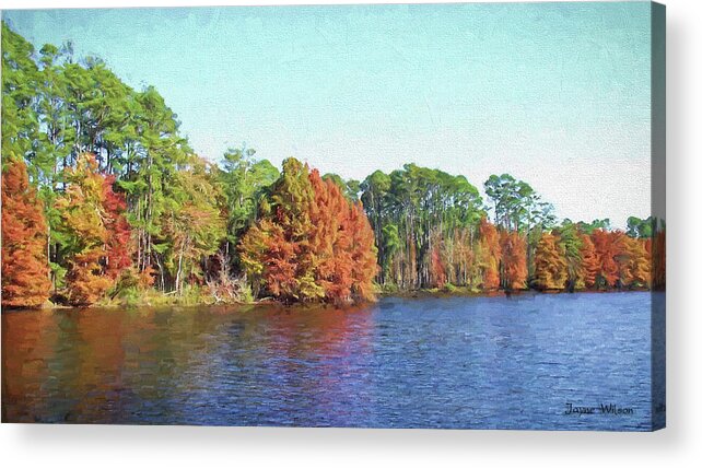 Autumn Acrylic Print featuring the digital art Autumn Color at Ratcliffe Lake by Jayne Wilson