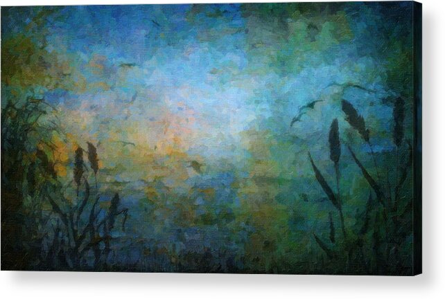Blue Acrylic Print featuring the painting Birds over the Lake by Kathie Miller