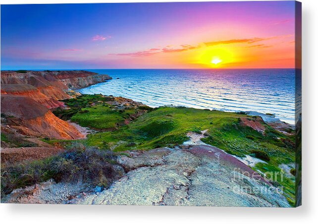 Blanche Point Sunset South Australia Seascape Australian Clay Cliffs Gull Rock Acrylic Print featuring the photograph Blanche Point Sunset by Bill Robinson