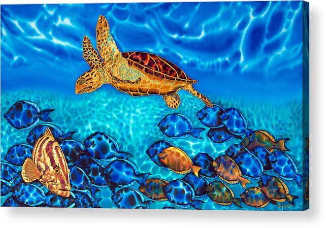 Turtle Acrylic Print featuring the painting Caribbean Sea Turtle and Reef Fish by Daniel Jean-Baptiste