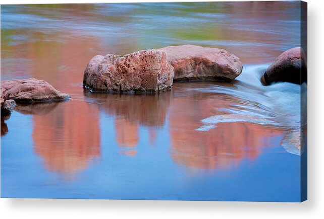 Red Rocks Acrylic Print featuring the photograph Creek Rocks with Cathedral Rock Reflection by Bob Coates