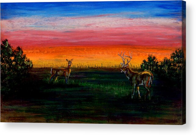 Oil Pastel Acrylic Print featuring the pastel Deer Dawn by Laurie Tietjen
