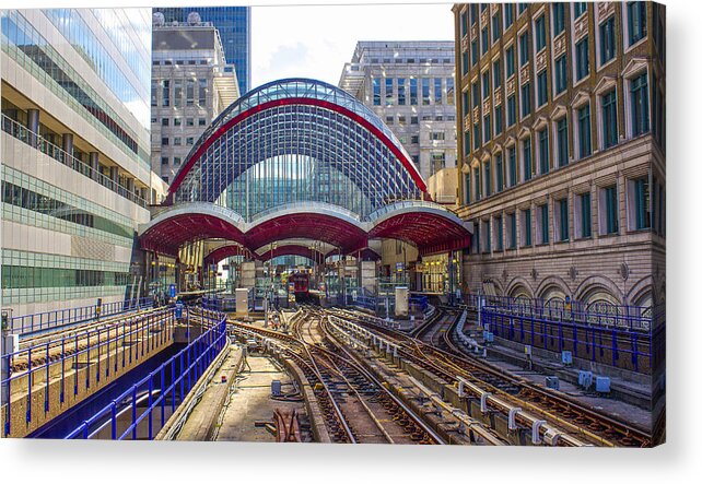 Railway Acrylic Print featuring the photograph DLR Canary Wharf and Approaching Train by Venetia Featherstone-Witty