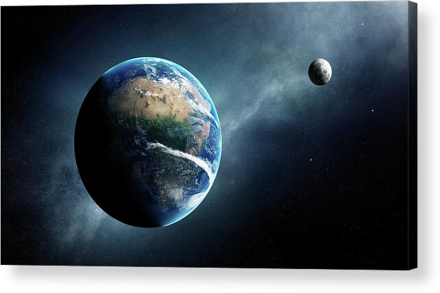 Earth Acrylic Print featuring the digital art Earth and moon space view by Johan Swanepoel