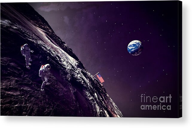 Earth Rise On The Moon Acrylic Print featuring the digital art Earth Rise On The Moon by Two Hivelys