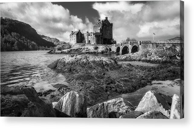 Eilean Donan Acrylic Print featuring the photograph Eilean Donan Castle in black and white by Holly Ross