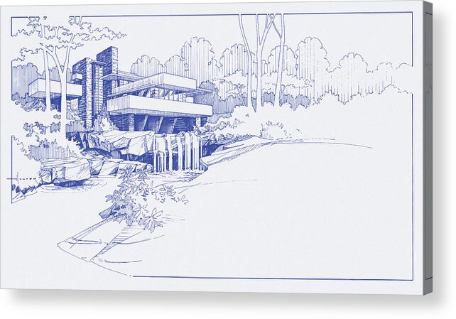 Fallingwater Acrylic Print featuring the drawing Fallingwater blueprint by Larry Hunter