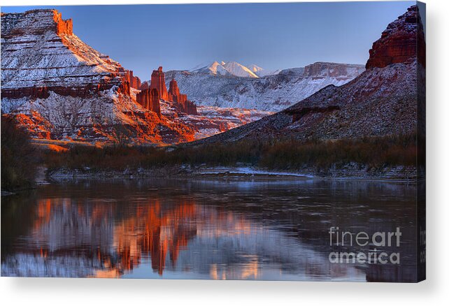 Fisher Towers Acrylic Print featuring the photograph Fisher Towers Sunset Glow Panorama by Adam Jewell