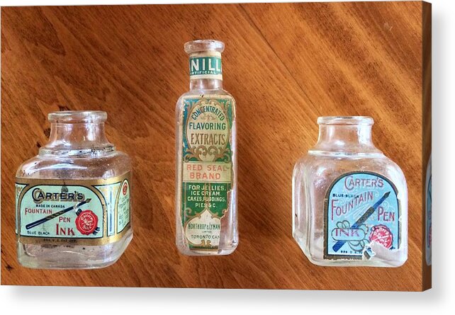 Antique Bottles Acrylic Print featuring the photograph Ink wells and extract by Kate Gibson Oswald