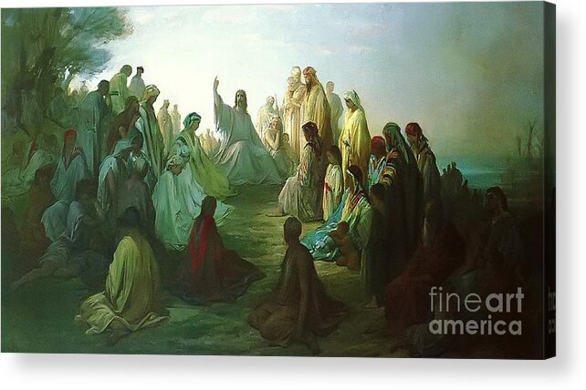 Jesus Preaching The Sermon On The Mount Gustave Dore Acrylic Print featuring the painting Jesus Preaching the Sermon by MotionAge Designs