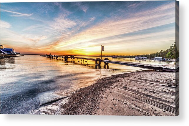 Higgins Lake Acrylic Print featuring the photograph Maplehurst Dock Higgins Lake sunset by Joe Holley