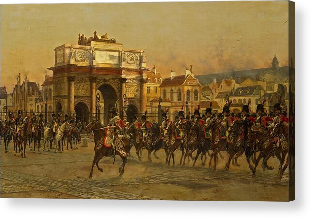 Francois Flameng Acrylic Print featuring the painting Napoleon and his staff reviewing the mounted chasseurs of the Imperial guard by MotionAge Designs