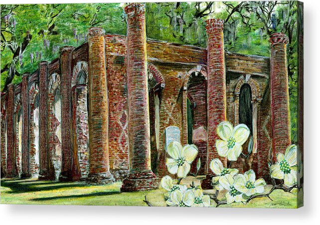 Ruins Acrylic Print featuring the painting New Dogwoods at Old Sheldon by Thomas Hamm