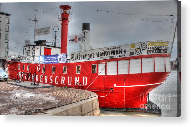 City Acrylic Print featuring the pyrography old red ship Helsinki by Yury Bashkin