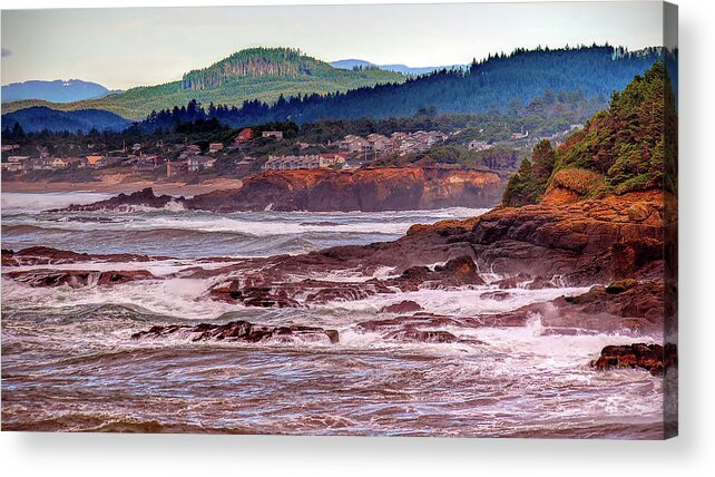 Pacific Ocean Rocks Water Cliff Trees Waves Acrylic Print featuring the photograph Oregon Coast one by Wendell Ward