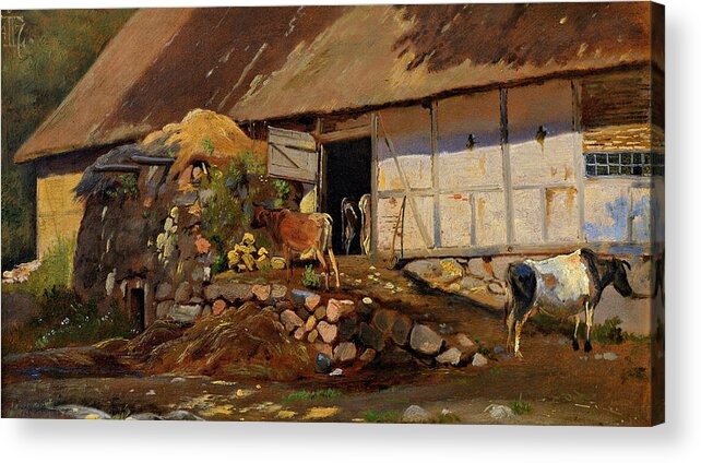 19th Century Art Acrylic Print featuring the painting Outside the Cowshed by Johan Thomas Lundbye