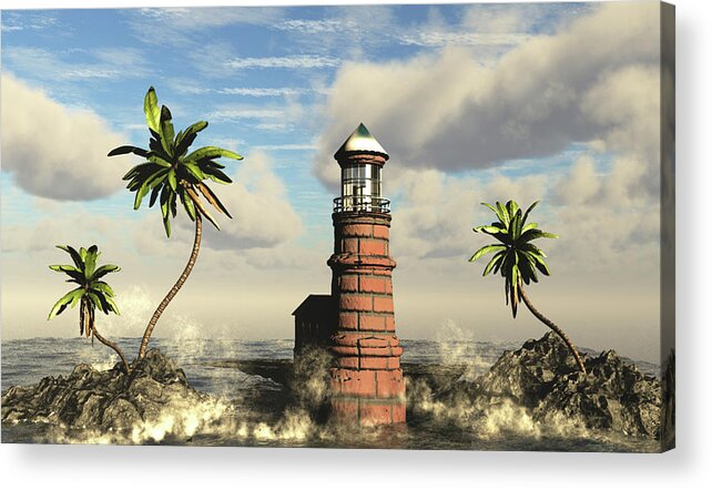 Nature Acrylic Print featuring the digital art PalmTree Beach Lighthouse by John Junek